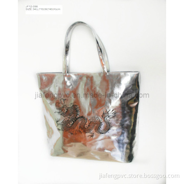 Shining Silver Color PU Shopping Bag with Black Dragon Logo Print